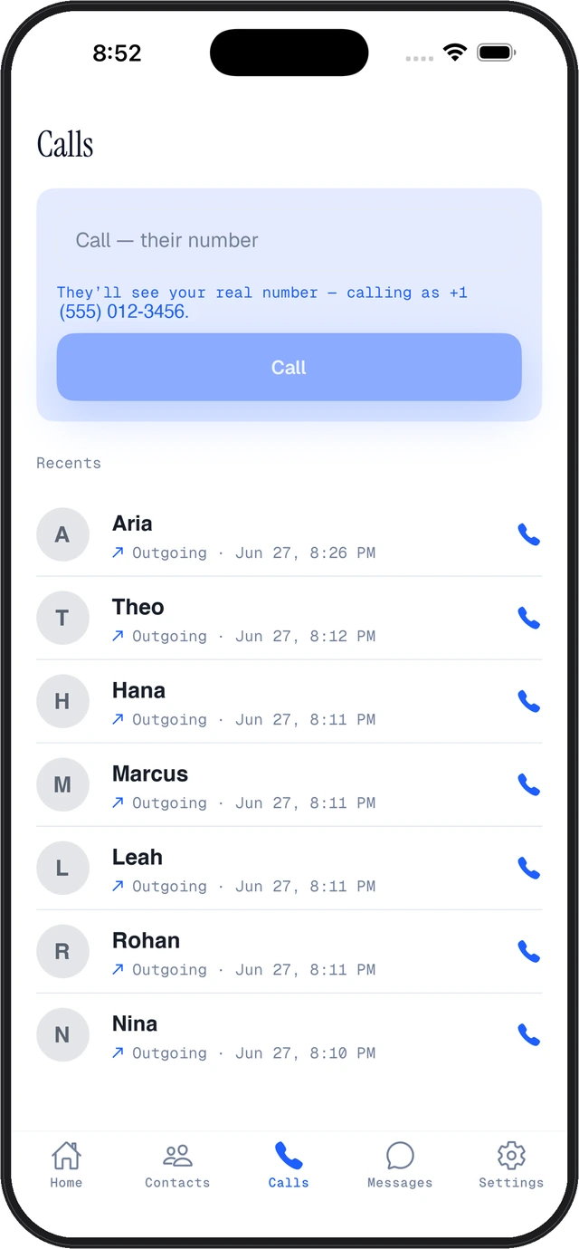 MobileyMe Calls screen: outgoing calls show your real number to the person you call