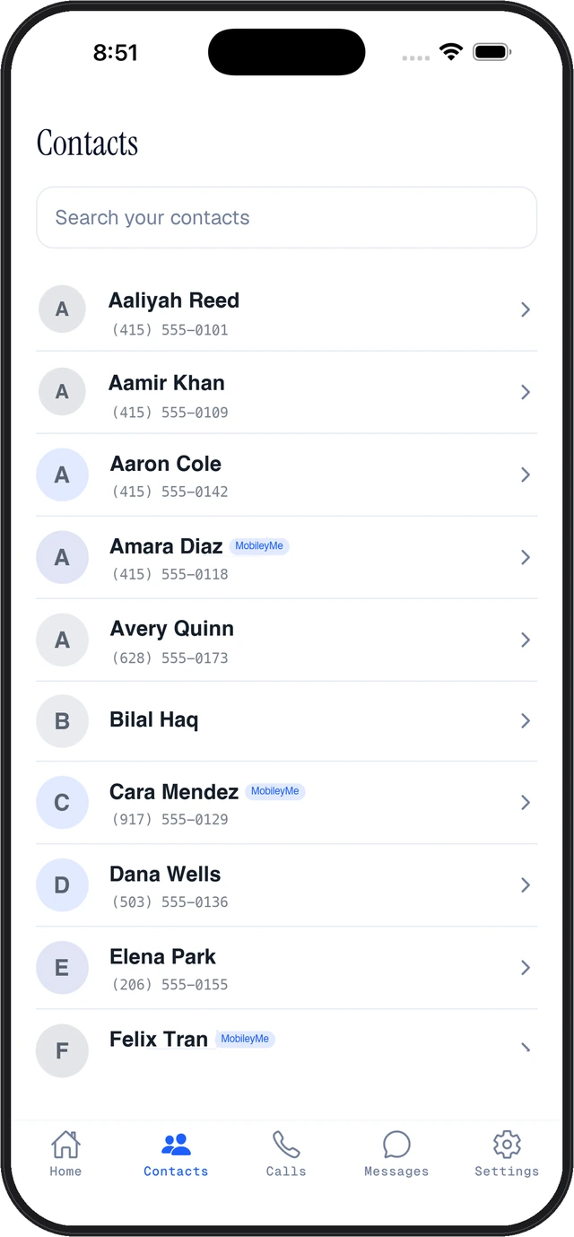 MobileyMe Contacts screen with a searchable, mirrored contact list